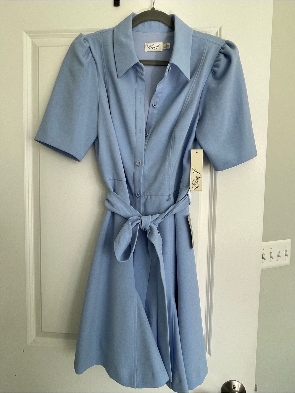 Eliza J Light Blue Button-Front Tie-Waist Shirt Dress - Picture 2 of 6
